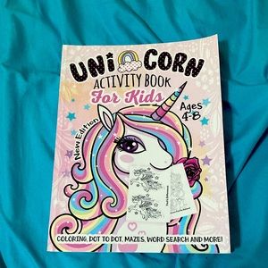 Unicorn activity book for kids, new edition ages four through eight.
